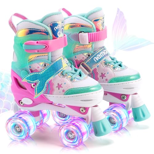 NEMONE Mermaid 4 Size Adjustable Light up Roller Skates for Girls, Purple Blue Skates for Toddlers, Beginner Kids Butterfly Roller Skates Indoor Outdoor