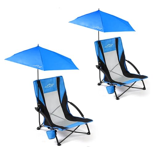 2 Pack Beach Chair with Umbrella for Adults Shade Chair Folding Backpack Portable Concert Bag Sand Chair with Cup Holder - Blue Black