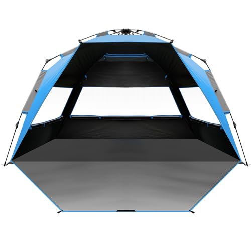 OutdoorMaster Beach Tent with Blackout Shelter Technology, Portable Beach Shade Sun Shelter Canopy for 4-6 Person with UPF 50+ UV Protection, Easy Setup Pop Up Tent Family Size