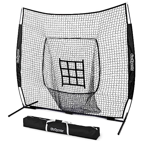 GoSports 7 ft x 7 ft Baseball & Softball Nets - Red, Black, or PRO -Practice Hitting & Pitching Net with Bow Type Frame, Carry Bag and Strike Zone, Great for All Skill Levels
