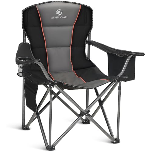 ALPHA CAMP Oversized Camping Chair Heavy Duty Lawn Chair with Cooler Bag Support 450 LBS Steel Frame Collapsible Padded Arm Quad Lumbar Back Folding Chair for Lawn Outdoor