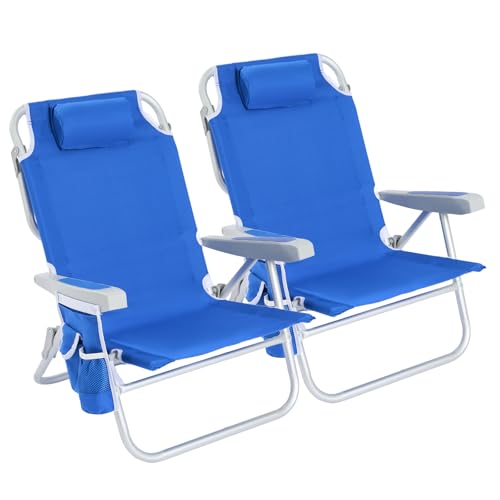 SUNNYFEEL Beach Chairs for Adults 2 Pack 5 Position Lay Flat, Portable Folding Backpack Beach Chair Heavy Duty with Cooler Bag, Cup Holder for Outdoor/Lawn/Picnic, Foldable Camping Chair
