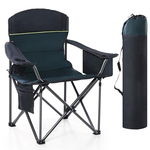 HIGH POINT SPORTS Camping Folding Chair, Heavy Duty Oversized Portable Outdoor Chair, Foldable Camp Chair with Cup Holder and Cooler Bag Support 450 LBS, Green...
