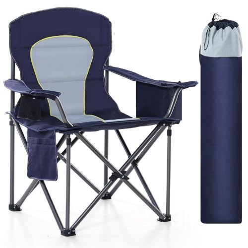 Oversized Camping Folding Chair, Heavy Duty Portable Outdoor Chair, Foldable Camp Chair with Cup Holder and Cooler Bag Support 450 LBS, Dark Blue...