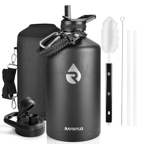One Gallon Water Bottle Insulated, Triple Walled Vacuum Stainless Steel (Cold for 48 Hrs), Leak Proof & Non-BPA, Large Water Flask Jug with Paracord Handle & Straw Spout Lids