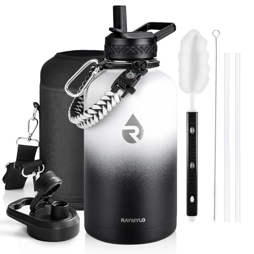 Insulated Water Bottle 64 oz, Triple Wall Vacuum Stainless Steel (Cold for 48 Hrs), Leak Proof & Non-BPA, Half Gallon Water Flask Jug with Paracord Handle & Straw Spout Lids, White/Black