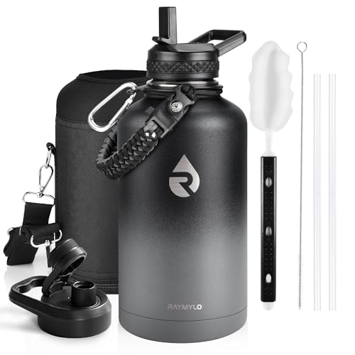 Insulated Water Bottle 64 oz, Triple Wall Vacuum Stainless Steel (Cold for 48 Hrs), Leak Proof & Non-BPA, Half Gallon Water Flask Jug with Paracord Handle & Straw Spout Lids, Dark Gray