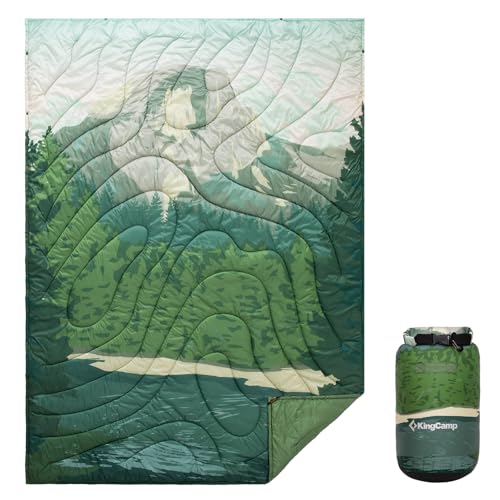 KingCamp Ultralight Camping Blanket, Packable Down Alternative Puffy Printed Wearable Blanket with Snap Buttons & Corner Loops Weatherproof Quilt for Outdoor Travel Stadium (79"L x 57"W, GREEN)