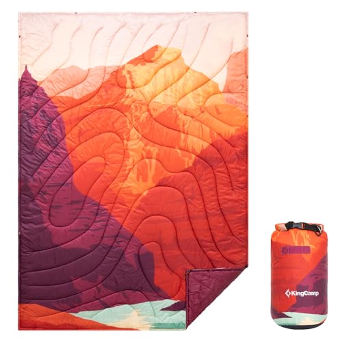 KingCamp Ultralight Camping Blanket, Packable Down Alternative Puffy Printed Wearable Blanket with Snap Buttons & Corner Loops Weatherproof Quilt for Outdoor Travel Stadium (79"L x 57"W, ORANGE)