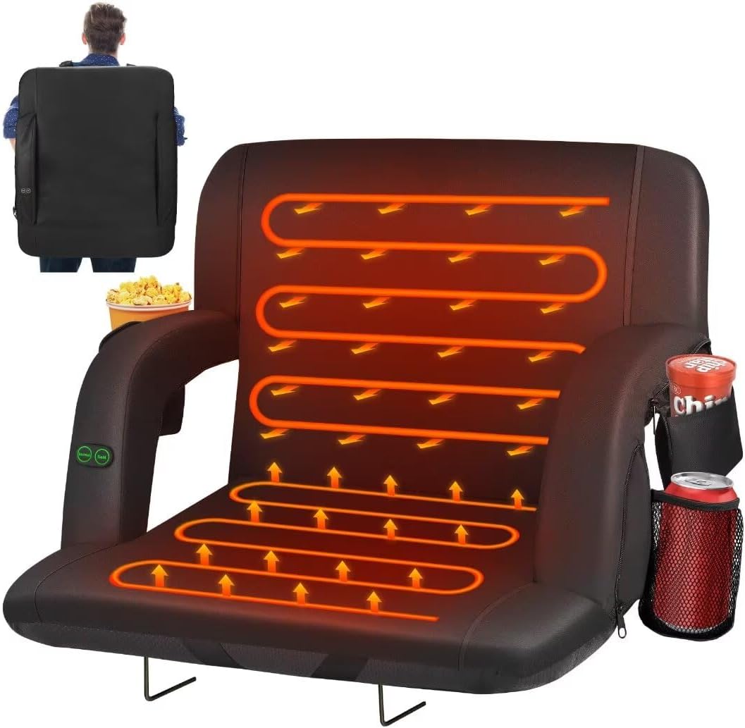 HOPERAN Dual-Sided Heated Stadium Seats for Bleachers with Back Support, 3 Levels Heating Stadium Seating for Bleachers Seat with Backrest, 5 Pockets Portable Stadium Chair for Outdoor