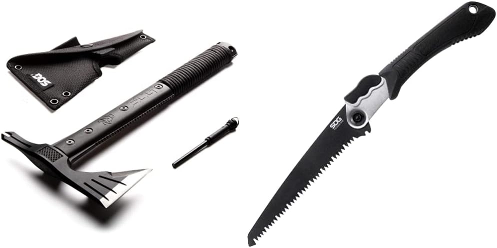 SOG Survival Hawk - Specialty Outdoor Tactical Hatchet, Fire Starter, Nail Puller & Folding Saw - Wood Saw, Hand Saw, Pruning Saw and Camping Saw with 8.25 Inch Removable Blade and Compact Sheath