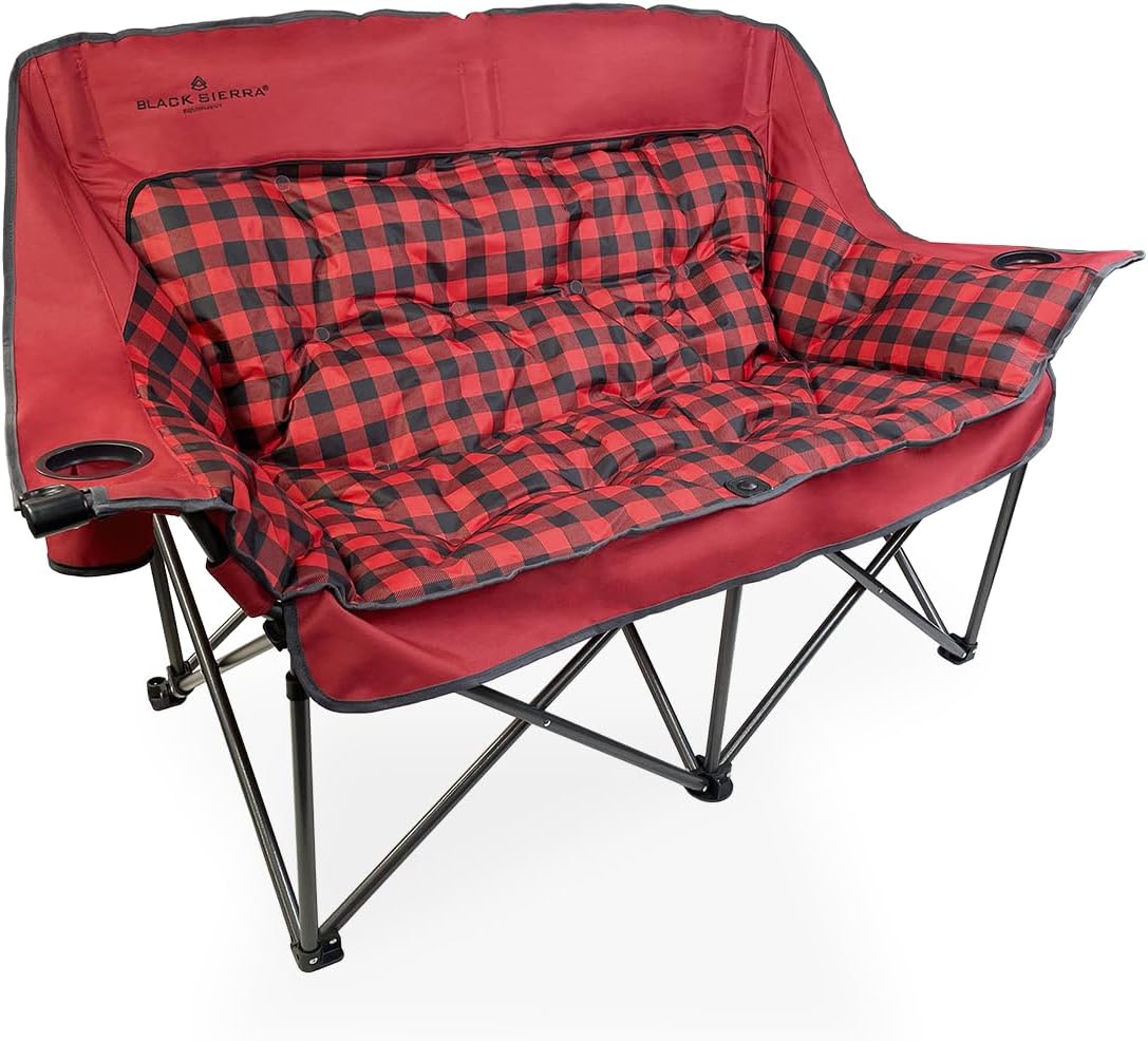 Black Sierra Double Camping Chair for Adults, Oversized Folding Loveseat Supports 600 lbs, Plush Padded Outdoor Couch with Cup Holders and Carry Bag for Beach, Patio, RV, or Tailgating Events