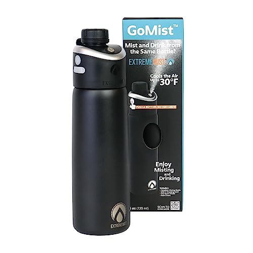 Extreme MIST - GoMist Misting & Drinking Bottle - Personal Mister - Cooling Water Bottle w/Easy-Drink Spout - Stainless-Steel Double Wall Insulated - Portable Misting - Midnight Black, 25oz/750ml