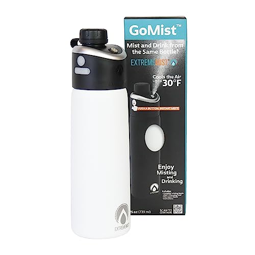 ExtremeMIST - GoMist Misting & Drinking Bottle - Personal Mister - Cooling Water Bottle with Easy-Drink Spout - Stainless-Steel Double Wall Insulation - Portable Mist Flask - Polar White, 25 oz/750ml
