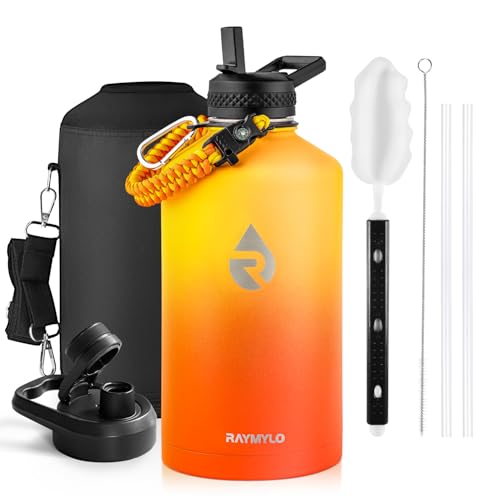 One Gallon Water Bottle Insulated, Triple Walled Vacuum Stainless Steel (Cold for 48 Hrs), Leak Proof & Non-BPA, Large Water Flask Jug with Paracord Handle & Straw Spout Lids
