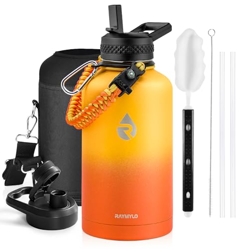 Insulated Water Bottle 64 oz, Triple Wall Vacuum Stainless Steel (Cold for 48 Hrs), Leak Proof & Non-BPA, Half Gallon Water Flask Jug with Paracord Handle & Straw Spout Lids, Ombre Orange