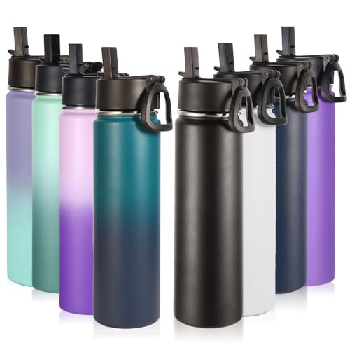 Volhoply 24oz Insulated Water Bottle With Straw Bulk 8 Pack,Metal Wide Mouth Water Bottles With Handle Keep Cold,Reusable Double Wall Cups,Powder Coated Sport Bottle For Holder(Eight Color,8 count)