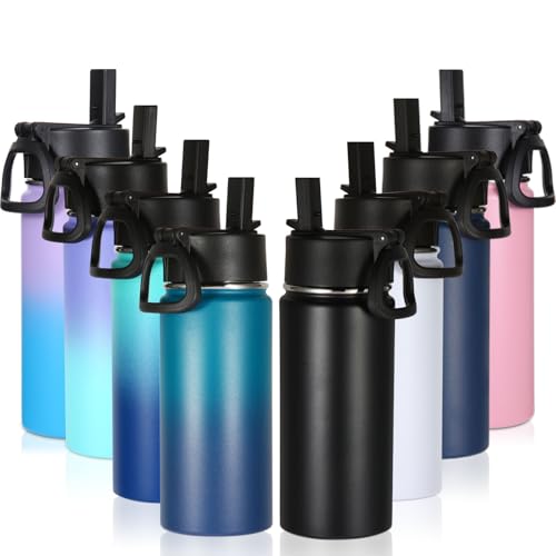 Volhoply 16 OZ Kids Water Bottle Bulk 8 Pack,Insulated Sports Bottles with Straw Lid,Stainless Steel Bottle with Handle Keep Cold & Hot,Double Wall Vacuum Tumbler Cups for School(Eight Color, 8)