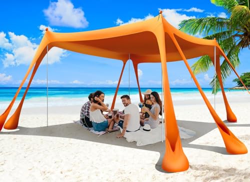 Beach Tent Canopy Pop Up Shade 10x10ft Sun Shelter Portable Family UPF50+ with 8 Sandbags-2 Sand Shovel-4 Aluminum Poles-Ground Pegs-Carrying Bag for Outdoor Camping Fishing Backyard Picnic