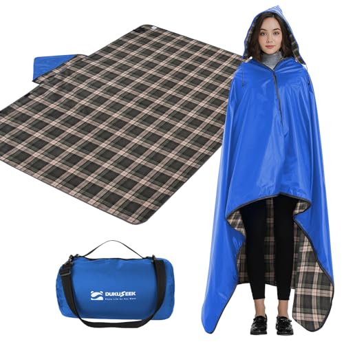 DUKUSEEK Outdoor Stadium Blankets with Hood, Fleece Blankets, Quilted, Extra Thick Fleece, Warm, Windproof, Sandproof, Includes Stuff Sack, Shoulder Strap