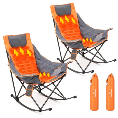 SUNNYFEEL Oversized Heated Camping Chair 2 Pack, Folding Rocking Camping Chairs with Luxury Padded Recliner,Carry Bag, 300 LBS Heavy Duty for Lawn/Outdoor/Picnic/Patio, Portable Rocker Camp Chair