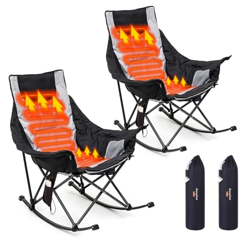 SUNNYFEEL Oversized Heated Camping Chair 2 Pack, Folding Rocking Camping Chairs with Luxury Padded Recliner,Carry Bag, 300 LBS Heavy Duty for Lawn/Outdoor/Picnic/Patio, Portable Rocker Camp Chair
