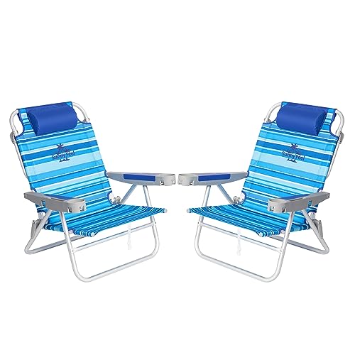 SUNNYFEEL Extra Wide 28" Low Beach Chair 2 Pack 5 Position Lay Flat, XL Oversized Portable Folding Camping Chairs with Cup Holder for Outdoor/Trip, Foldable Backpack Beach Chair for Adults