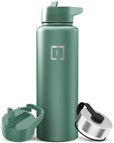 IRON FLASK Camping & Hiking Hydration Flask with 3 Lids - Stainless Steel, Double Walled & Vacuum Insulated Water Bottle - Leak Proof & BPA Free (Sage, Straw - 40 oz)