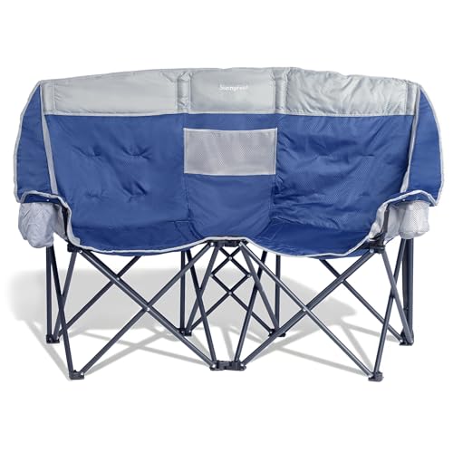 SunnyFeel Double Camping Loveseat Chair, Blue-Cooler, Foldable, Portable, Space Saving, Side Pocket, Cup Holders