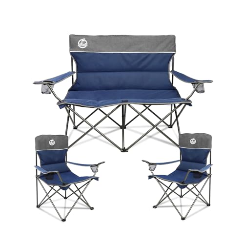 Northroad Outdoor Camping Chair Set of 3,Folding Padded Camp Chair,Collapsible Conversation Set w/1 Sofa,2 Single Chairs for Family Patio,Beach (Blue)