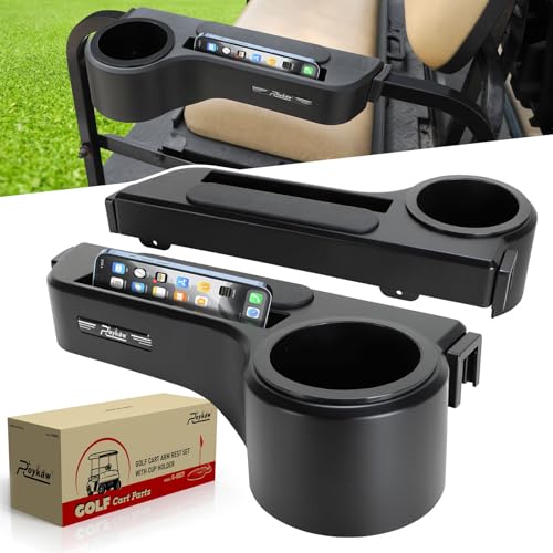 Roykaw Golf Cart Armrest with Cup Holder/Rear Seat Arm Rests Fit for EZGO/Club Car/Yamaha & Most Golf Cart, Upgrade 3rd Gen - with Phone Holder, No Drilling Required, Fit 1.0"/1-1/4" Square Tube Frame (Alt)