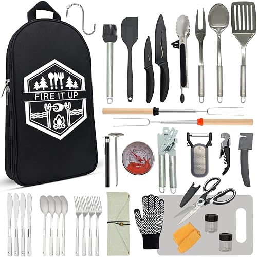 BOMKI Grilling and Camping Cooking Utensils Set for The Outdoors BBQ - Camping Utensil Set Kitchen Set Cookware Accessories Glamping Essentials Camp Stuff Camp Cooking Set (Black Pro)