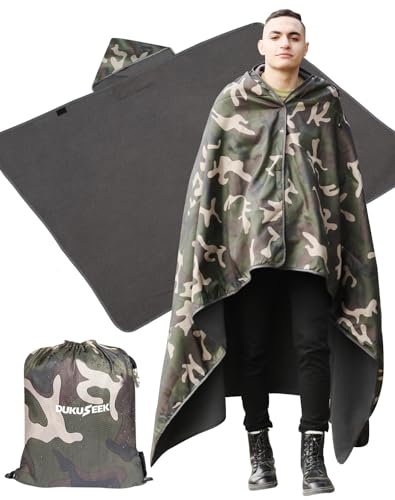 DUKUSEEK Hooded Stadium Blanket, Camouflage Waterproof Windproof Outdoor Fleece Blanket - Large (79x56), Portable, Wearable, Warm for Outdoor Hunting, Sporting Events...