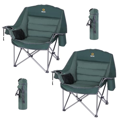 Nice C Camping Chairs, Oversized XL Padded Camping Chair, Outdoor Chair, Lawn Chairs, Lounge Chair, Wide&Thick, Heavy Duty 400lb, Carry Bag, Cupholder & Cooler (Two Green)