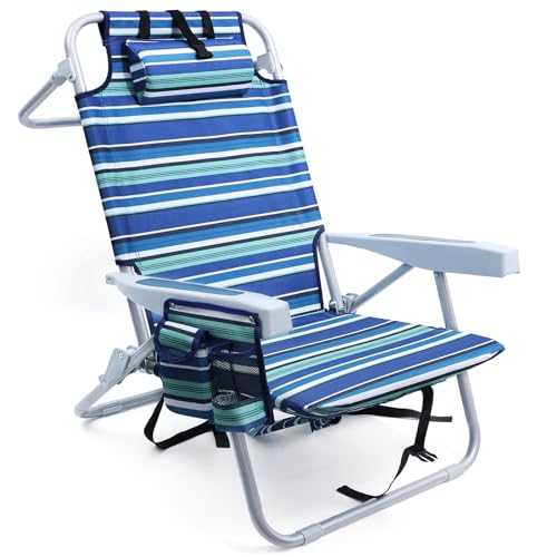 Beach Chairs for Adults Heavy Duty, Compact Portable Lay Flat Folding Chair with Backpack Straps and Large Cooler Pouch, Support to 350LBS (Stripes_Blue&Cyan)