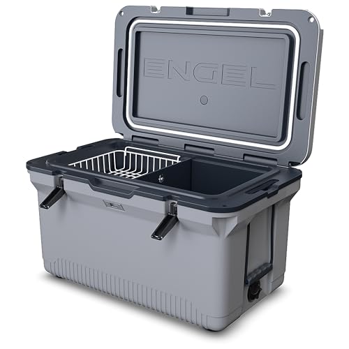 ENGEL 60 QT Ultra-Light Injection Molded Cooler - Ice Chest Keeps Ice up to 7 Days - Large Cooler Includes Wire Basket, Divider and Built-in Bottle Opener