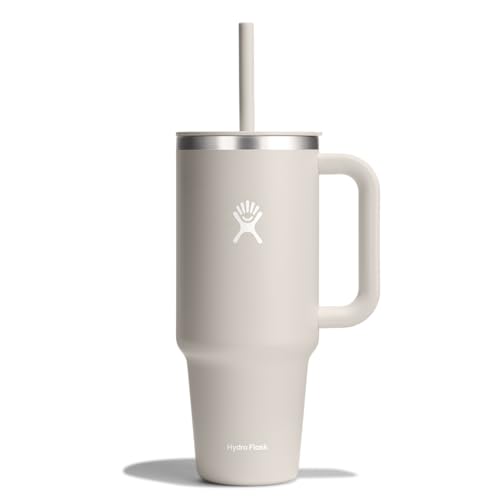 Hydro Flask Travel Tumbler with Handle, Lid and Straw - Insulated Stainless Steel in 40 Oz Oat Tan