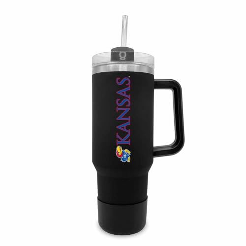 Campus Colors College & University 40 oz Travel Tumbler With Handle - Dual Option Lid With Straw - Vacuum Insulated Stainless Steel (Kansas Jayhawks - Black)
