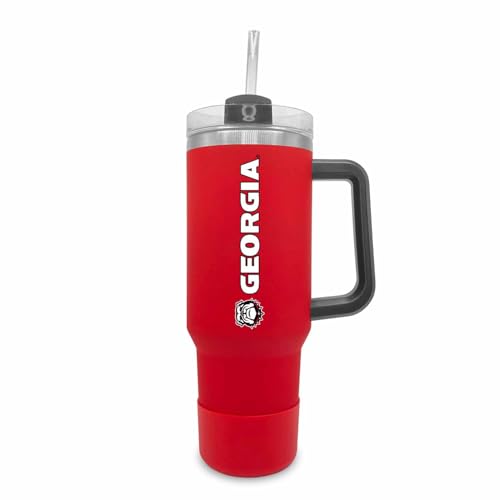 Campus Colors College & University 40 oz Travel Tumbler With Handle - Dual Option Lid With Straw - Vacuum Insulated Stainless Steel (Georgia Bulldogs - Red)