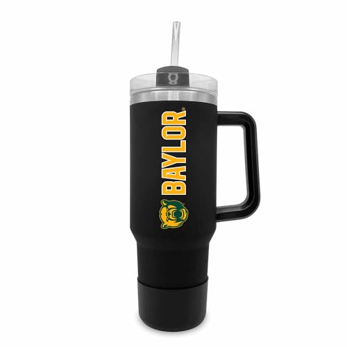 Campus Colors College & University 40 oz Travel Tumbler With Handle - Dual Option Lid With Straw - Vacuum Insulated Stainless Steel (Baylor Bears - Black)