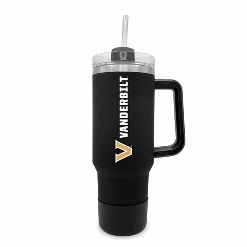 Campus Colors College & University 40 oz Travel Tumbler With Handle - Dual Option Lid With Straw - Vacuum Insulated Stainless Steel (Vanderbilt Commodores - Black)