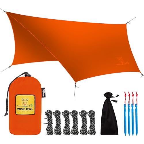 Wise Owl Outfitters Hammock Rain Fly Waterproof Camping Tarp Cover with Tent Stakes & Carry Bag, Ultralight Shelter for Backpacking & Outdoor Shade