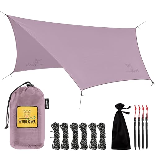 Wise Owl Outfitters Hammock Rain Fly Waterproof Camping Tarp Cover with Tent Stakes & Carry Bag, Ultralight Shelter for Backpacking & Outdoor Shade