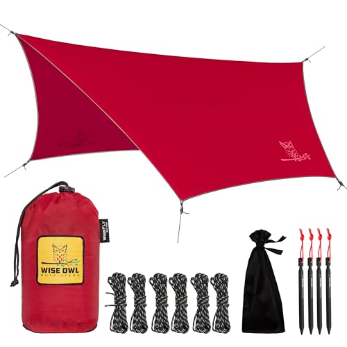 Wise Owl Outfitters Hammock Rain Fly Waterproof Camping Tarp Cover with Tent Stakes & Carry Bag, Ultralight Shelter for Backpacking & Outdoor Shade