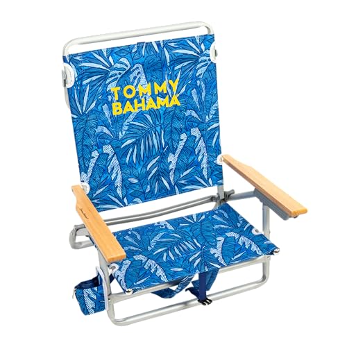 Tommy Bahama 5-Position Classic Lay Flat Backpack Beach Chair with Cooler and Cup Holder, Portable Folding Beach Chair for Tanning, Blue Tropical Leaves