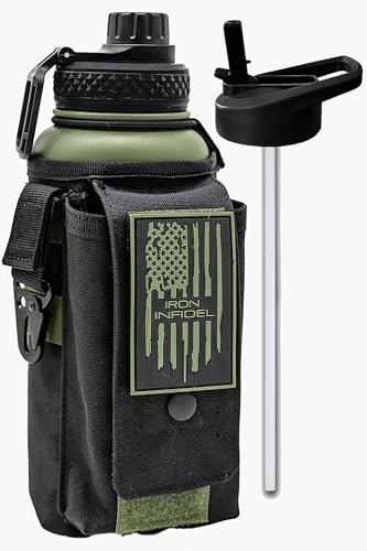 Iron Infidel Battle Bottle - 32 Oz Insulated Water Bottle with Straw Lid & Chug Cap, Stainless Steel Metal Flask Includes Rugged, Removable Sleeve for Keys, Wallet, & Phone (Widowmaker 1 Liter)
