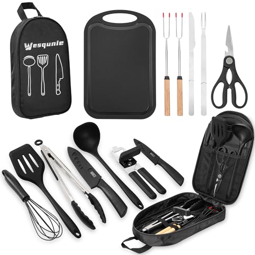 Camping Essentials Cookware Cooking Utensils Set - Portable Camp Kitchen Mess Kit Outdoor Accessories, Stainless Steel & Silicone, Camping Gear Equipment for RV Picnic Grill