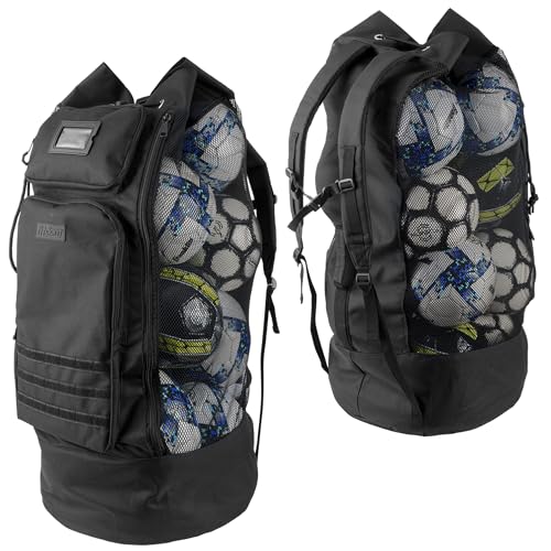 Fitdom Heavy Duty XL Soccer Mesh Equipment Ball Bag w/Adjustable Backpack Shoulder Strap Design for Coach. 2 Different Size Front Pockets for Sporting Accessories.