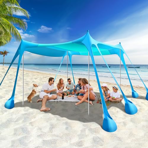 Rhino Valley Beach Tent Shade Canopy UPF50+ Protection, 8 Sandbags, 4 Stability Poles, Outdoor Sun Shelter Umbrella for Sand, Camping, Fishing Essentials