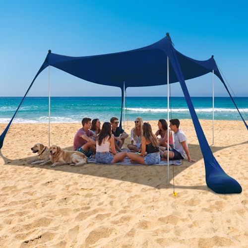 COMMOUDS Beach Tent Sun Shelter - UPF50+ Pop Up Beach Canopy with Sandbags & Sand Shovel & Windproof Poles, Portable Sun Shade for Beach, Camping, Picnics, Backyard
